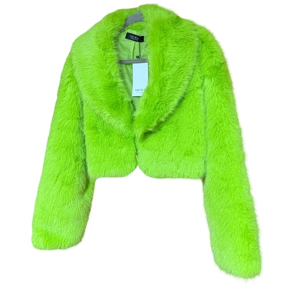 AKIRA NWT Stunning Shocking Green Faux Fur Cropped Lined Teddy Jacket (0720) - Picture 5 of 14
